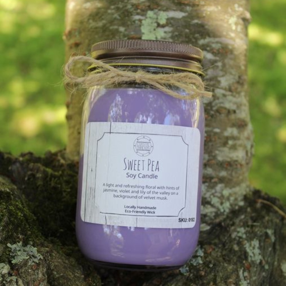 Sweet Pea Soy Candle 16 oz reusable mason jar burns approx. 80 hours